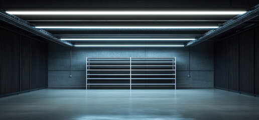 Obraz premium Empty Industrial Warehouse with Metal Shelving