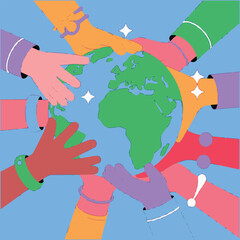 Colorful hands reaching for earth globe illustrating community connection and environmental awareness
