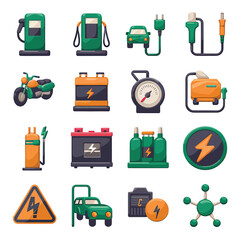 vector icons to vehicle fueling and charging a gasoline pump, an electric vehicle plug hydrogen mole