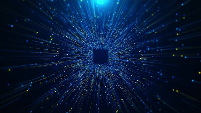 Futuristic hi-tech technology tunnel cyber AI artificial intelligence data mining circuit board electronic deep learning Computer chip technology. cyberspace holiday presentations luminous particles