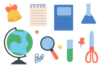 set of school supplies, back to school, education items, notebook, textbook, pin,scissors, bell, notebook, textbook, science, magnifying glass, vial, flask, vector illustration