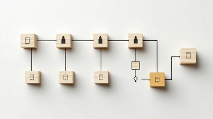 Wooden blocks with symbols are arranged in a visual diagram, illustrating a process or concept against a white background.