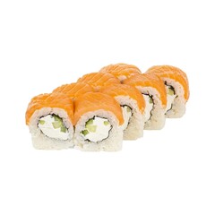 Here is a close up of a row of delicious sushi rolls on a white background