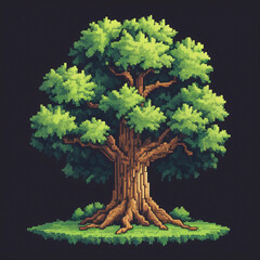 Pixel Art Tree with Green Leaves and Grass
