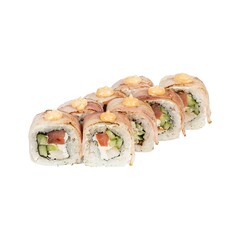 A detailed close up image of a delicious sushi roll on a clean white background