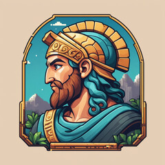 Pixel Art Greek King Portrait with Golden Crown and Blue Robe
