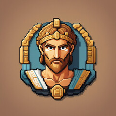 Pixel Art Greek King Portrait with Golden Crown and Blue Robe
