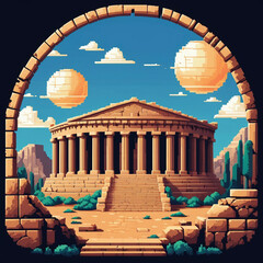 Retro Ancient Temple Drawing, 8-Bit Style Historic Landmark
