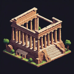 Pixel Render of Parthenon-Inspired Temple, Classical Game Asset