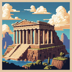 Retro Ancient Temple Drawing, 8-Bit Style Historic Landmark
