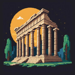 Pixel Render of Parthenon-Inspired Temple, Classical Game Asset