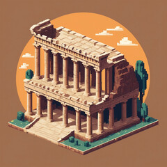 Pixel Render of Parthenon-Inspired Temple, Classical Game Asset