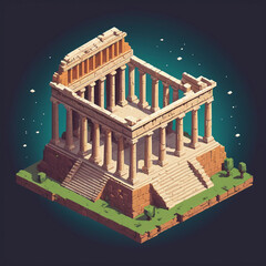 Retro Ancient Temple Drawing, 8-Bit Style Historic Landmark
