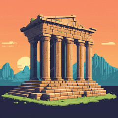 Pixel Render of Parthenon-Inspired Temple, Classical Game Asset