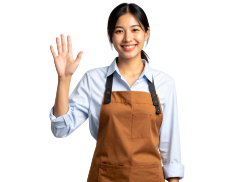 Café Worker Waving and Smiling in Uniform Apron, Transparent.