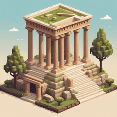 Retro Ancient Temple Drawing, 8-Bit Style Historic Landmark
