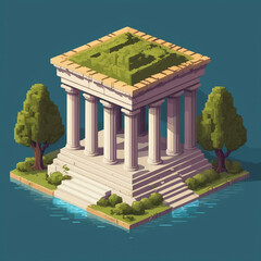 Pixel Render of Parthenon-Inspired Temple, Classical Game Asset