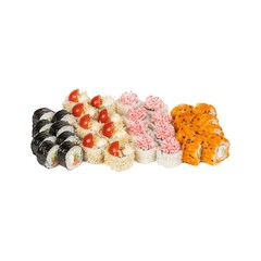 Various types of sushi displayed on a white background