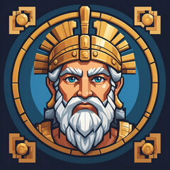 Pixel Art Greek King Portrait with Golden Crown and Blue Robe
