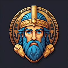 Pixel Art Greek King Portrait with Golden Crown and Blue Robe
