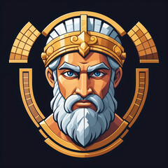 Pixel Art Greek King Portrait with Golden Crown and Blue Robe
