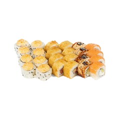 An assortment of different sushi rolls presented on a white background