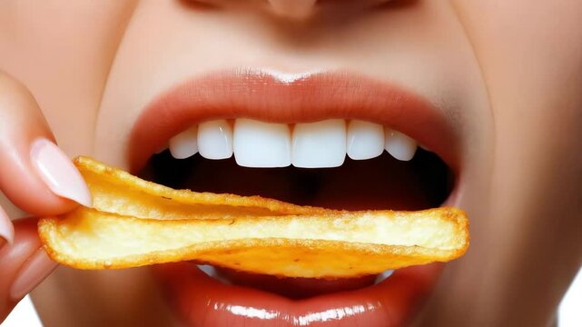 Close-up of a smiling woman holding a nacho chip, showcasing her bright teeth and joyful expression