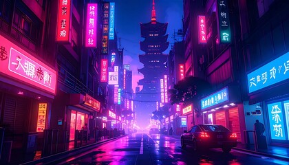 Neon City Street at Night.