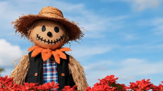 A cheerful scarecrow stands amidst vibrant red flowers under a clear blue sky, making it ideal for agricultural, gardening, or seasonal themes, representing fall or rural charm,