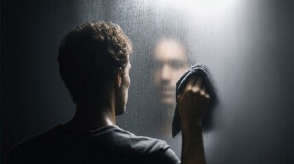 A man is wiping a condensation-covered mirror, creating a blurry reflection of himself in a darkened room. Toned photograph with texture.