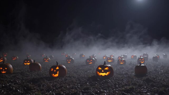 background of a pumpkin patch at night, with carved jack-o'-lanterns glowing softly, surrounded by fog and shadows