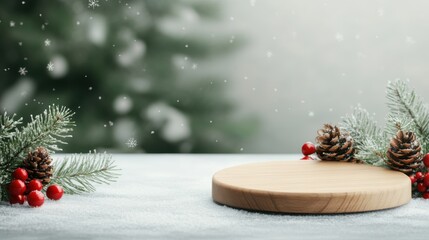 A wooden display surface is surrounded by festive decorations, including pine branches, red berries, and pinecones, with a soft snowfall background, perfect for seasonal product showcases,
