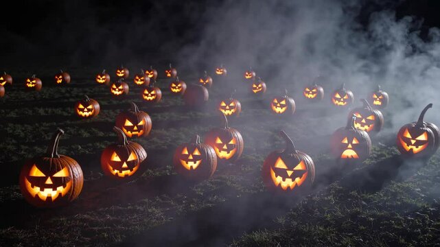 background of a pumpkin patch at night, with carved jack-o'-lanterns glowing softly, surrounded by fog and shadows