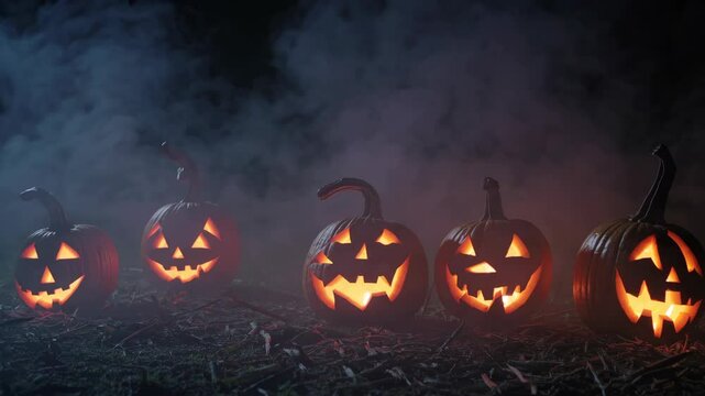 background of a pumpkin patch at night, with carved jack-o'-lanterns glowing softly, surrounded by fog and shadows