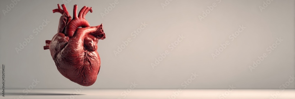 Poster 3D Anatomical Heart Floating Over a Minimal Clean Background Showcasing Intricate Details and Textures of the Human Heart in a Scientific Context