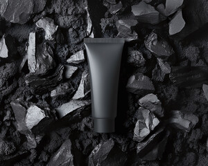 Black cosmetic tube lies on coal background. Horizontal mockup of cream or toothpaste with charcoal. Flat lay of matte plastic packaging