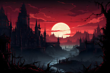 Dark Red Fantasy Castle Sunset Landscape