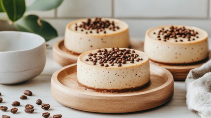 Creamy desserts topped with coffee beans are presented on wooden plates, showcasing a cozy and inviting atmosphere, Ideal for food blogs, cookbooks, and dessert menus,