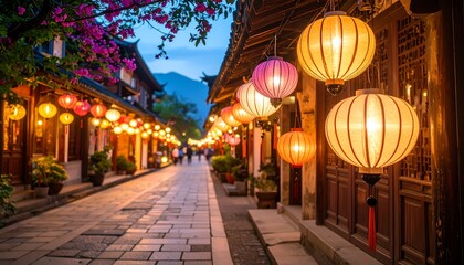 Illuminated Asian Street at Dusk.