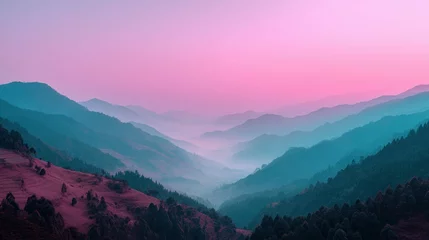 Fototapeten A stunning landscape featuring layers of rolling mountains, bathed in a gradient of pink and teal hues, evokes a sense of tranquility. © Yevheniiya