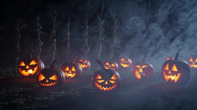 background of a pumpkin patch at night, with carved jack-o'-lanterns glowing softly, surrounded by fog and shadows