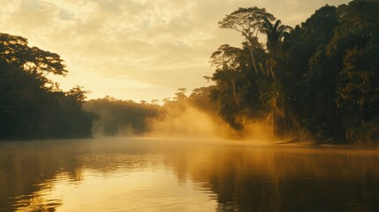 Fototapeta premium A serene morning landscape of a river with fog and trees