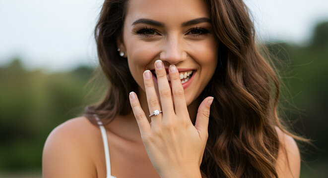 Woman wearing ring, joyful expression