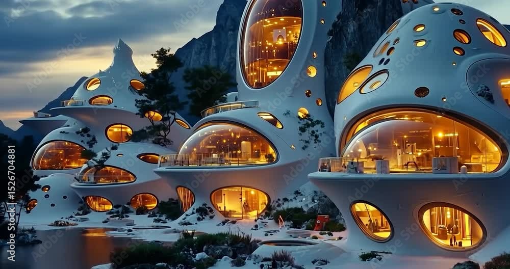 Poster futuristic architecture of a unique organic white design with illuminated windows against a mountain