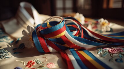 Taegeukgi ribbons and mugunghwa flowers, symbolizing Korean pride and liberation, with traditional hanbok softly in the background