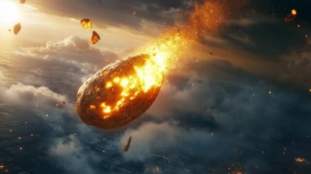 A flaming potato crashes through the clouds like a blazing meteor, creating a surreal and powerful visual of fiery descent from the sky, combining natural elements with imaginative fantasy.