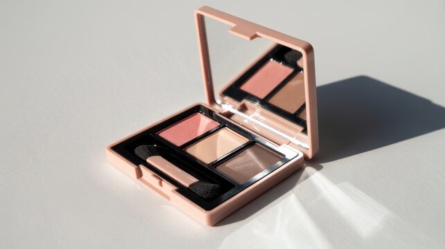 Open makeup compact with mirror and eye shadows in soft pink case