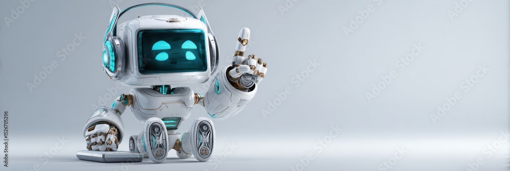 Poster 3d robot assumes role of bank support agent, showcasing friendly demeanor and advanced design in a c