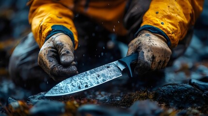 A person grips a knife, preparing for outdoor adventure and survival.