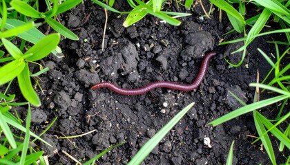 Earthworm's Quiet Existence: An earthworm peacefully navigates a rich, dark soil bed, a microcosm of the intricate connections beneath our feet, surrounded by vibrant blades of green grass.